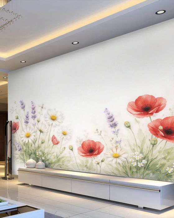 Fototapeten Aquarellwiese mit Mohn und Lavendel