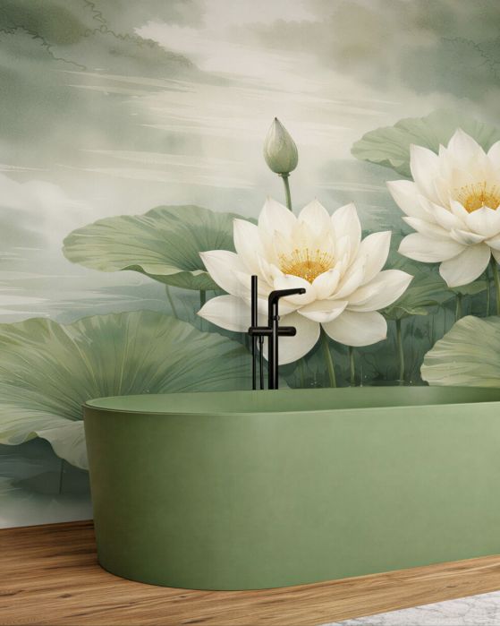 Fototapeten Weiße Lotusblumen über dem Wasser