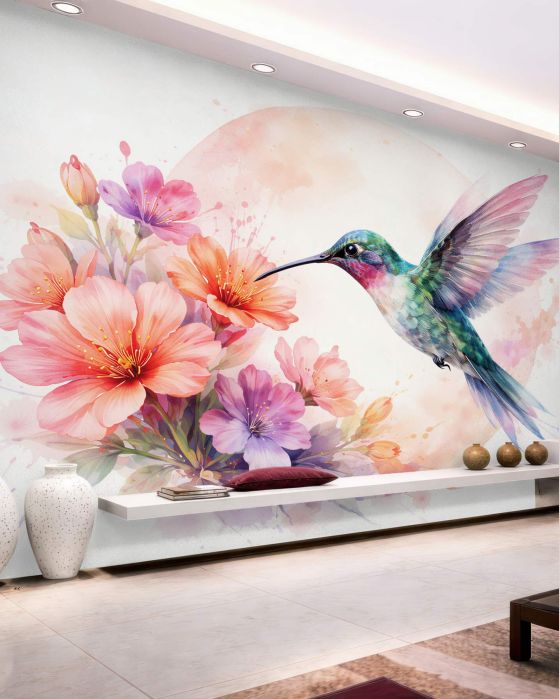 Fototapeten Aquarellkolibri zwischen Pastellblumen