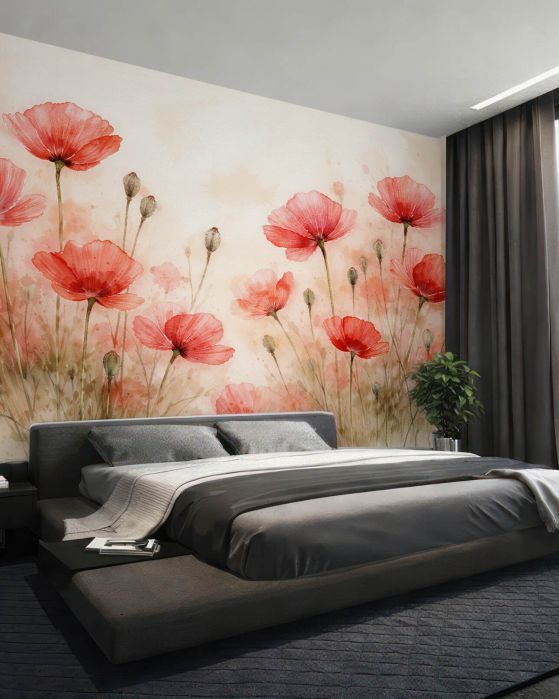 Fototapeten Aquarell-Mohnblumen im Morgengrauen
