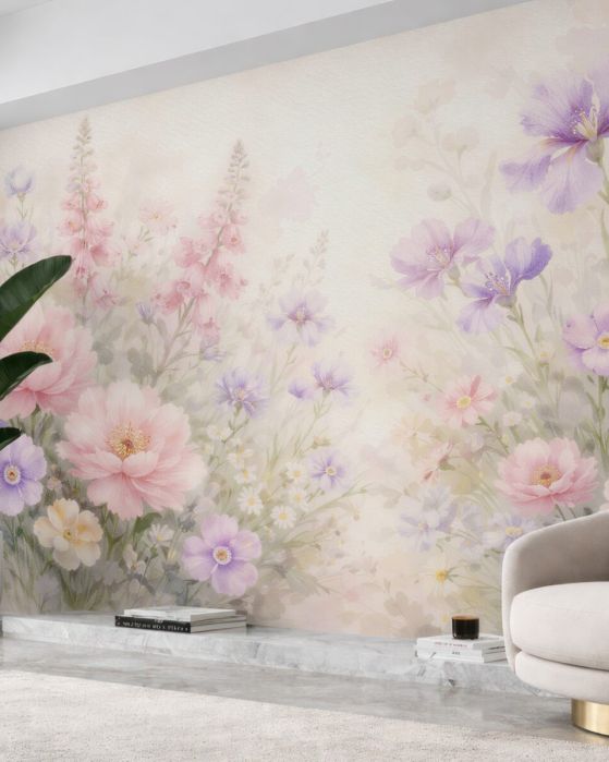 Fototapeten Pastellfarbene Blumenwiese in Aquarell