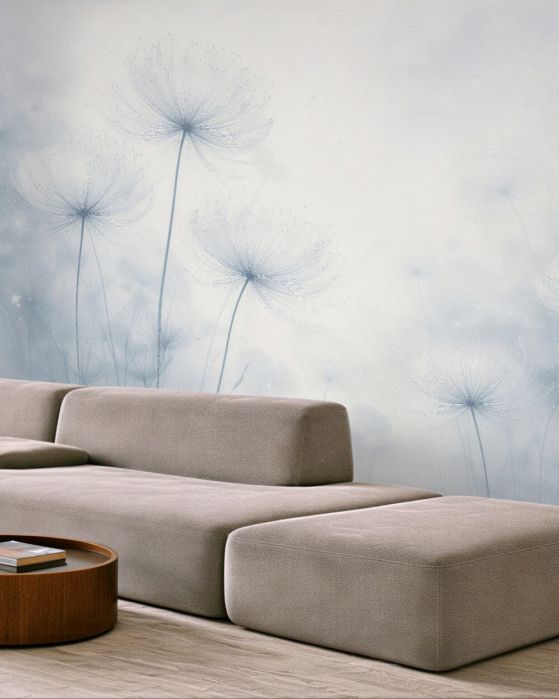 Fototapeten Blaue Pusteblumen im Nebel