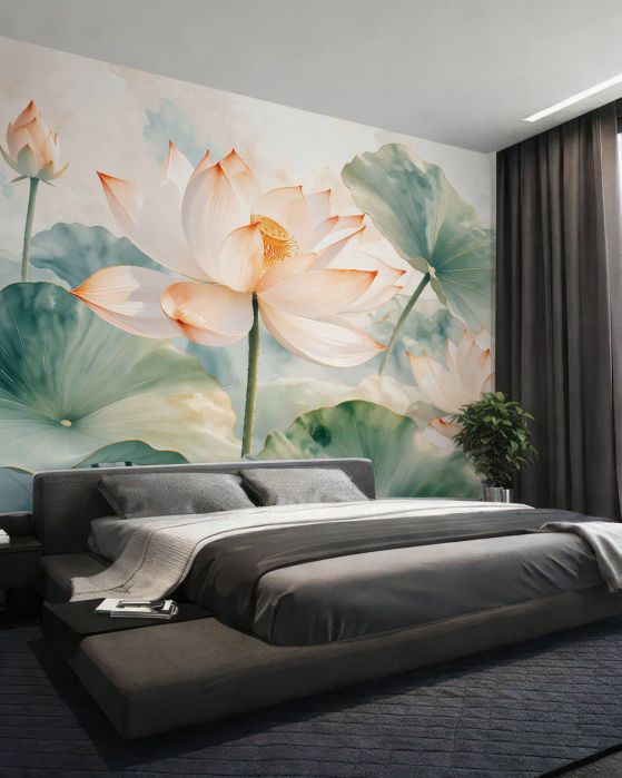 Fototapeten Lotusblumen und Blätter in Aquarell