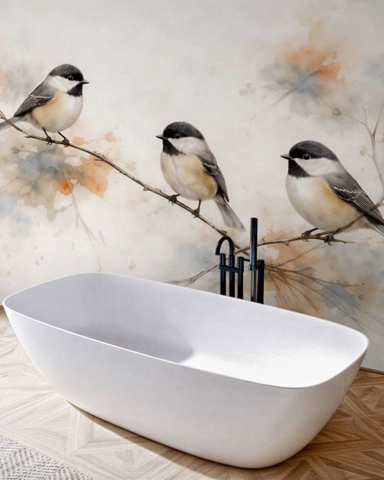 Fototapeten Drei Vögelchen auf einem Aquarellzweig