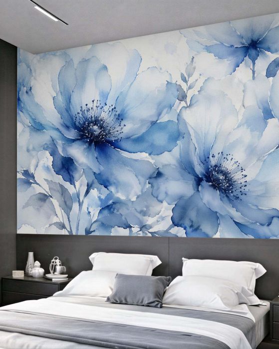 Fototapeten Blaue Blumen in Aquarell