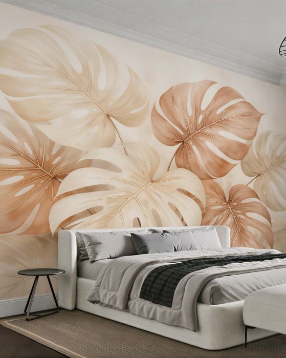 Fototapeten Beige Monstera-Blätter im Glamour-Stil