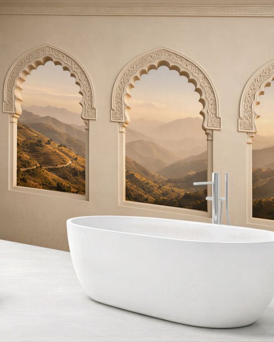 Fototapeten Orientalische Fenster mit Bergblick