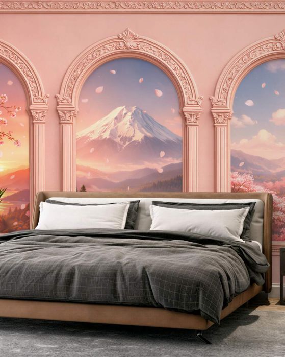 Fototapeten Pastellfarbene Fenster mit Berglandschaft