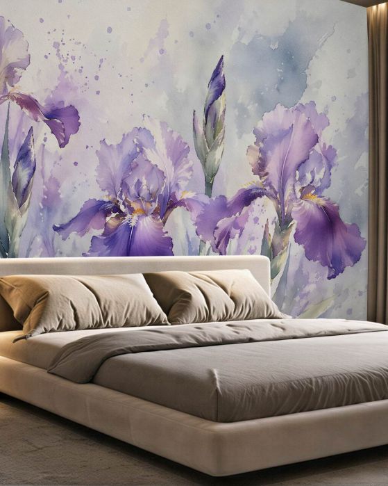 Fototapeten Violette Irisblüten in Aquarell