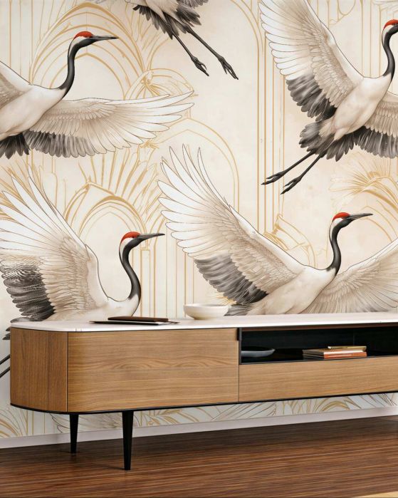 Fototapeten Kraniche im eleganten Art-Déco-Stil