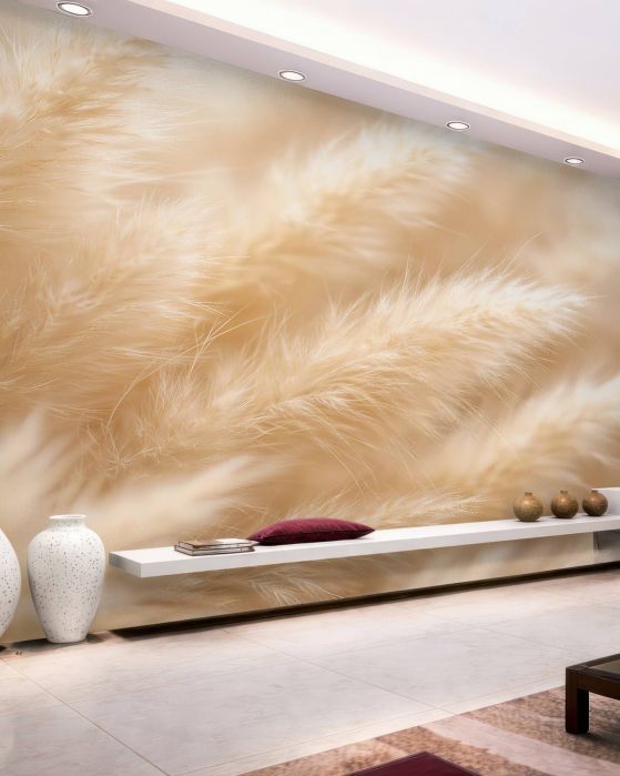 Fototapeten Flauschige Gräser im beigen Nebelschleier