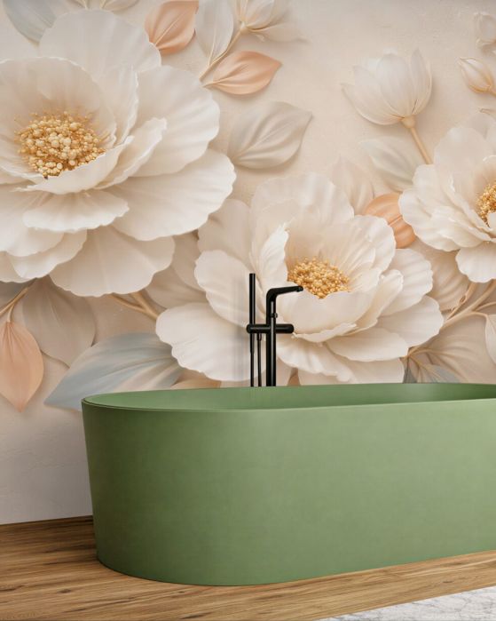 Fototapeten Cremefarbene 3D-Blumen Eleganz