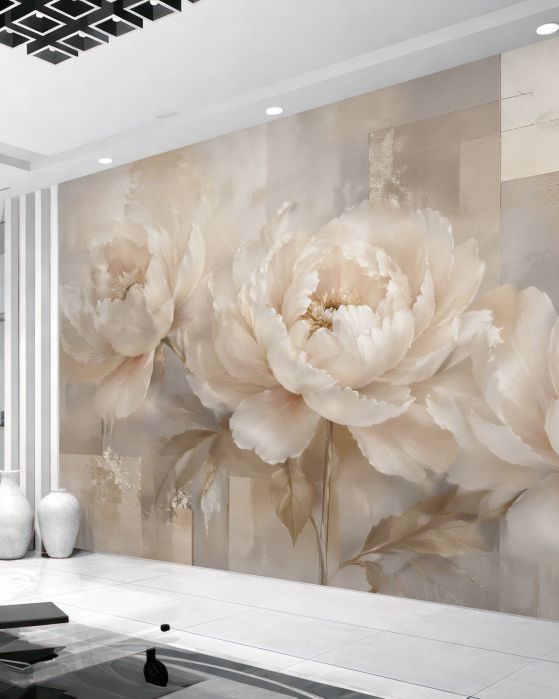 Fototapeten Cremefarbene Pfingstrosen in elegantem Glanz