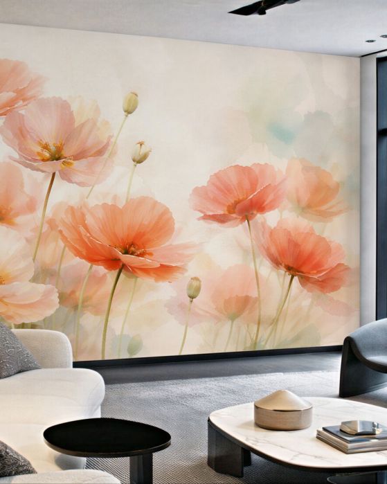 Fototapeten Zarte Mohnblumen in pastelligem Nebelschleier