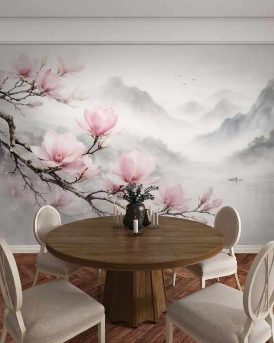 Fototapeten Magnolien über einem nebligen Bergsee