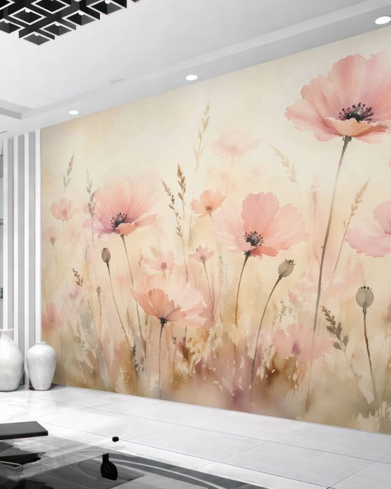 Fototapeten Pudrige Mohnblumen im Morgengrauen