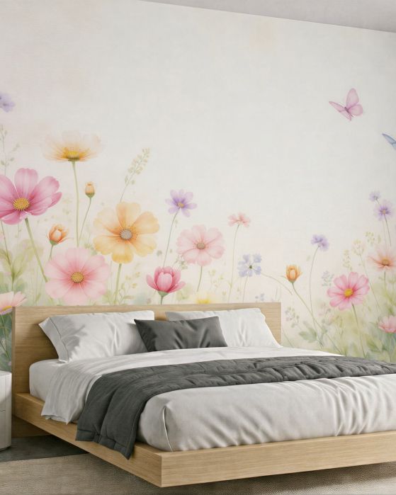 Fototapeten Pastellfarbene Blumenwiese mit Schmetterlingen