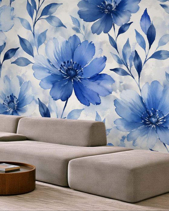 Fototapeten Blaue Blumen im Aquarellrhythmus