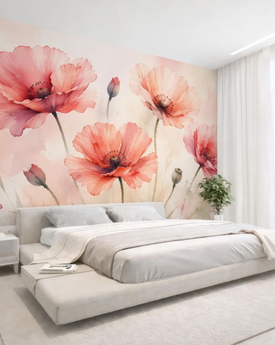 Fototapeten Zarte Mohnblumen in pastelliger Aquarellmalerei