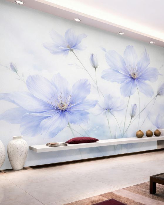Fototapeten Blaue Blumen im nebligen Licht