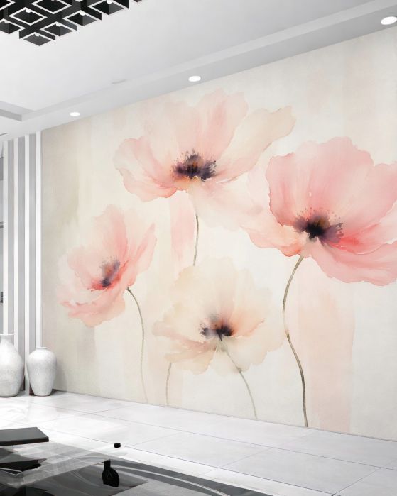 Fototapeten Pudermohnblumen in zarter Aquarelloptik