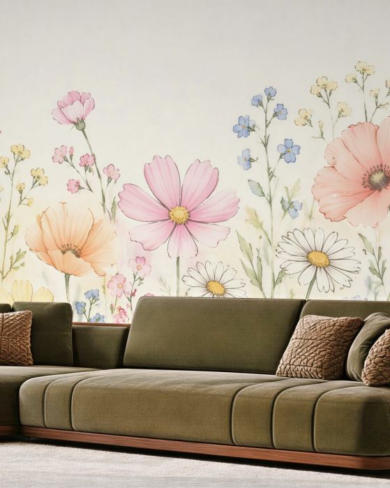 Fototapeten Pastellfarbene Blumenwiese Aquarell