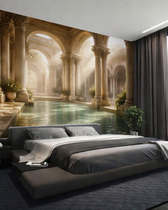 Fototapeten Goldene Arkaden über glänzendem Wasser