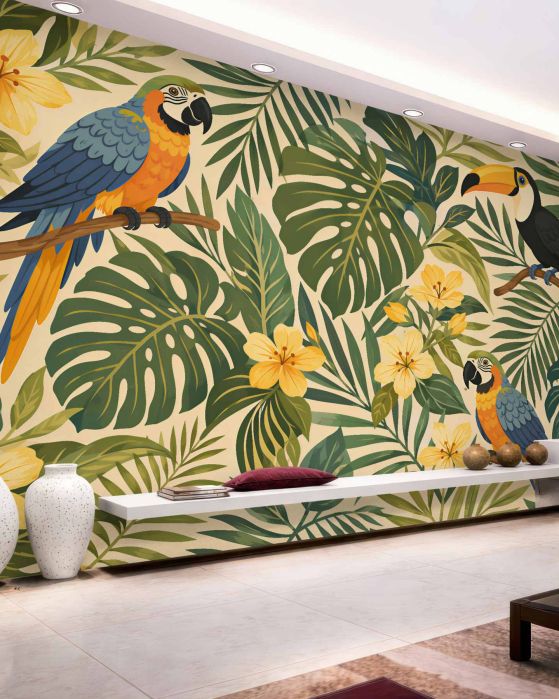 Fototapeten Tropische Vögel zwischen Blumen