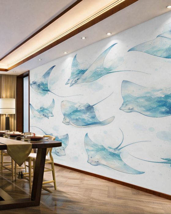 Fototapeten Aquarell-Mantarochen in Blau