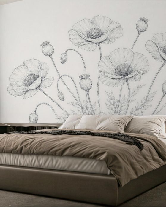 Fototapeten Zarte Mohnblumen als Skizze