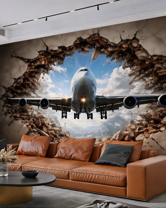 Fototapeten Flugzeug durchbricht die Wand 3D