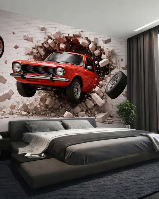 Fototapeten Rotes Auto durchbricht die Wand 3D