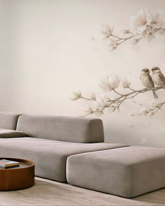 Fototapeten Magnolien mit Vögelchen in Beige