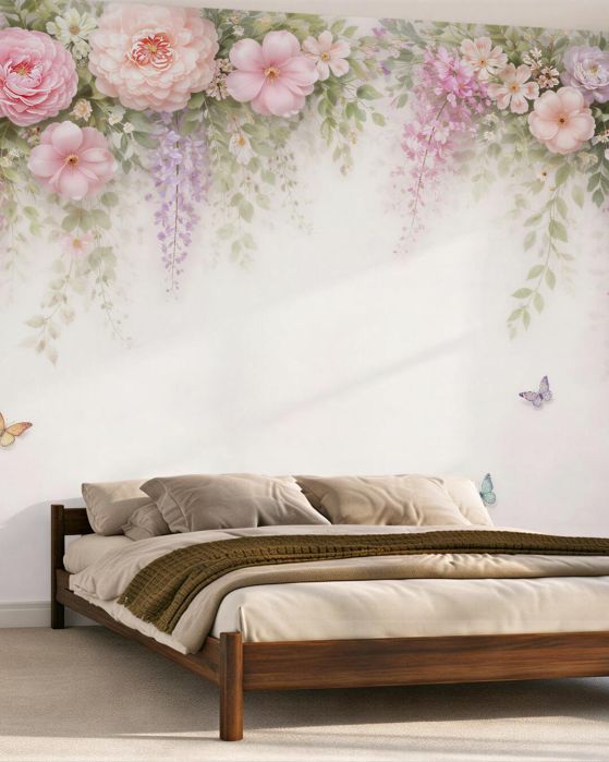 Fototapeten Pastellgirlande aus Blumen und Schmetterlingen