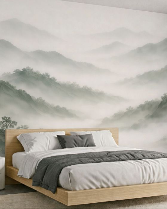 Fototapeten Bergnebel in pastelliger Landschaft