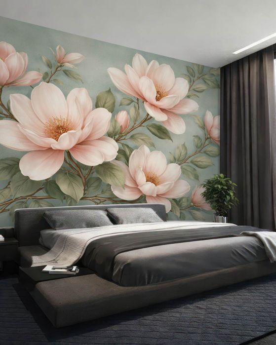 Fototapeten Puderfarbene Magnolien auf türkisfarbenem Hintergrund