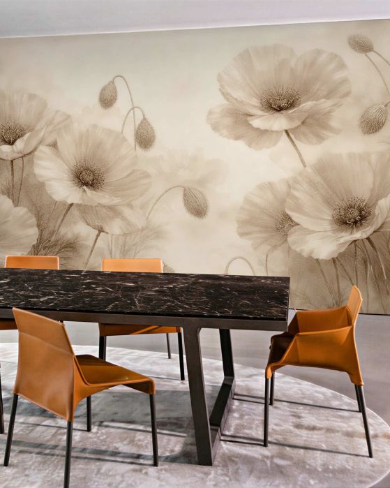 Fototapeten Beige Mohnblumen im subtilen Nebelschleier