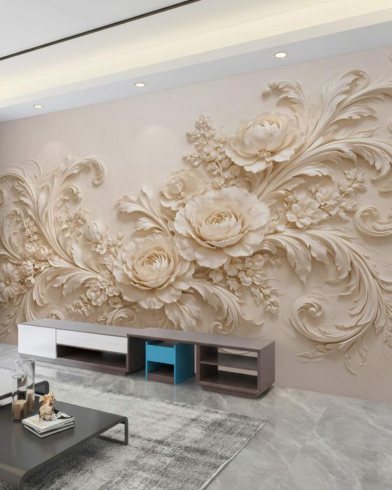 Fototapeten Cremefarbene Blumen im palastartigen Relief