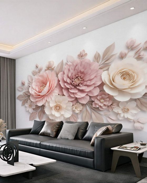 Fototapeten Puderfarbene Blumen 3D Eleganz