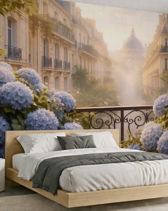 Fototapeten Pariser Balkon in Blumen bei Tagesanbruch