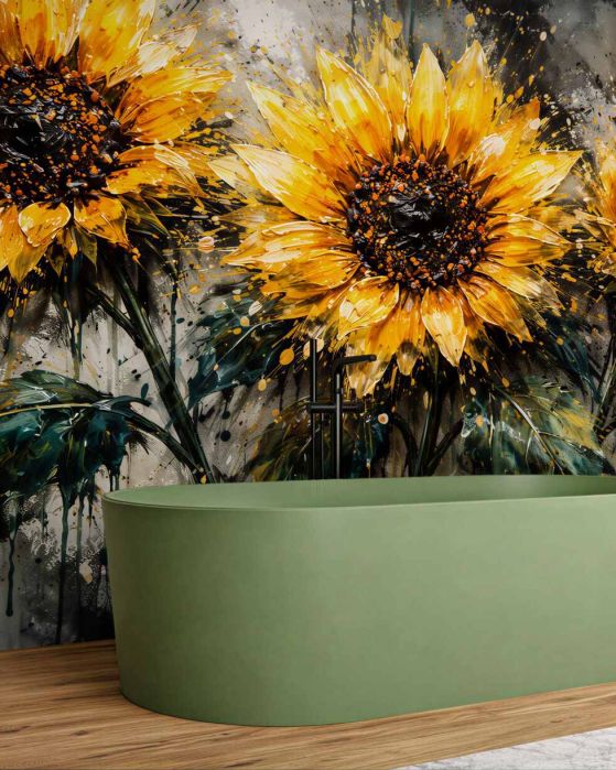 Fototapeten Sonnenblumen in künstlerischen Farbspritzern