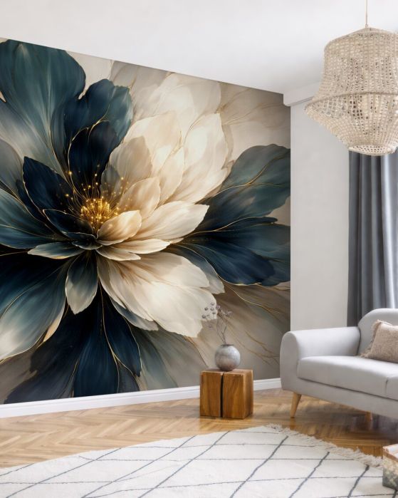 Fototapeten Dunkelblaue Blume mit goldenem Schimmer