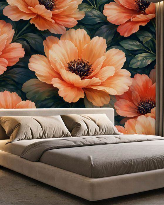 Fototapeten Korallenrote Mohnblumen auf dunklem Hintergrund