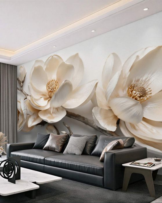 Fototapeten Cremefarbene Magnolien auf Zweigen