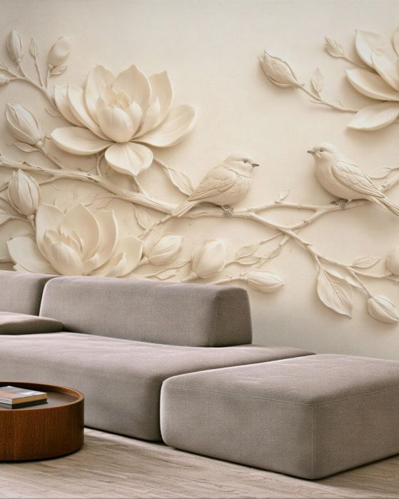 Fototapeten Cremefarbene Magnolien mit Vögeln