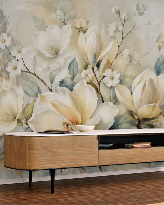 Fototapeten Cremefarbene Magnolien mit Gold