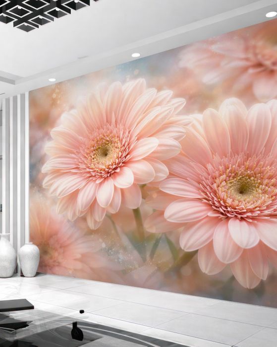 Fototapeten Puderfarbene Gerbera im Glanz