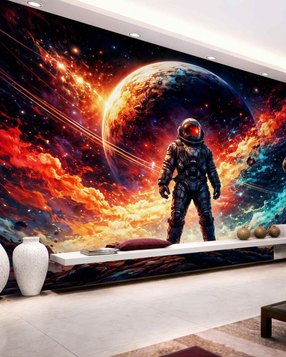 Fototapeten Kosmischer Astronaut in feuriger Galaxie