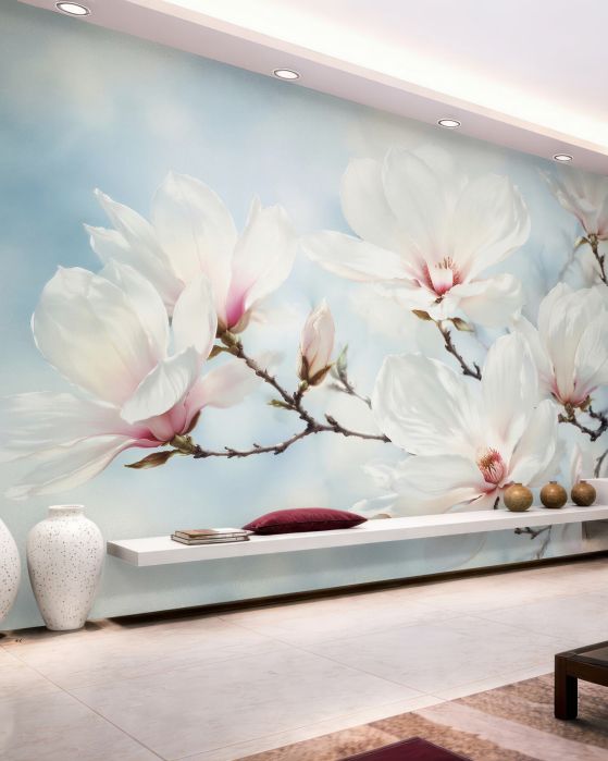 Fototapeten Zarte Magnolie auf blauem Hintergrund