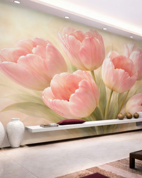 Fototapeten Puderrosa Tulpen im Glanz der Morgendämmerung